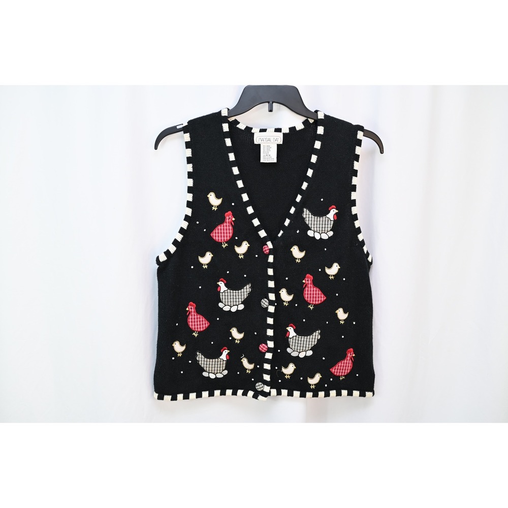Mandal Bay Chicken Knit Vest Womens Medium Black Ramie Cotton Farmhouse V-Neck